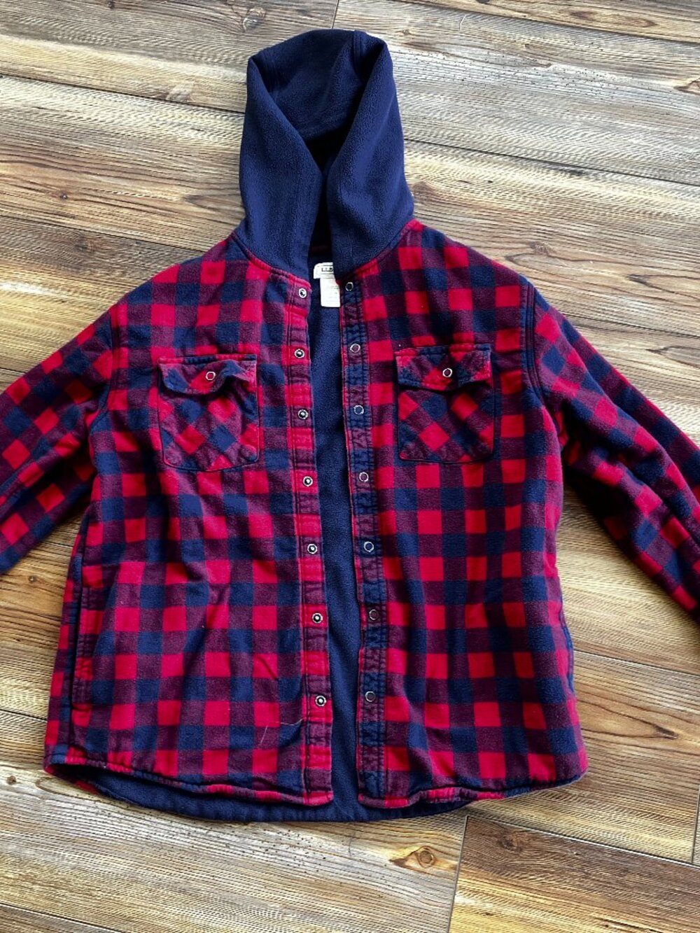 L.L. Bean Women’s Fleece-Lined Flannel Hoodie Size XL Red Blue Outdoor Hiking